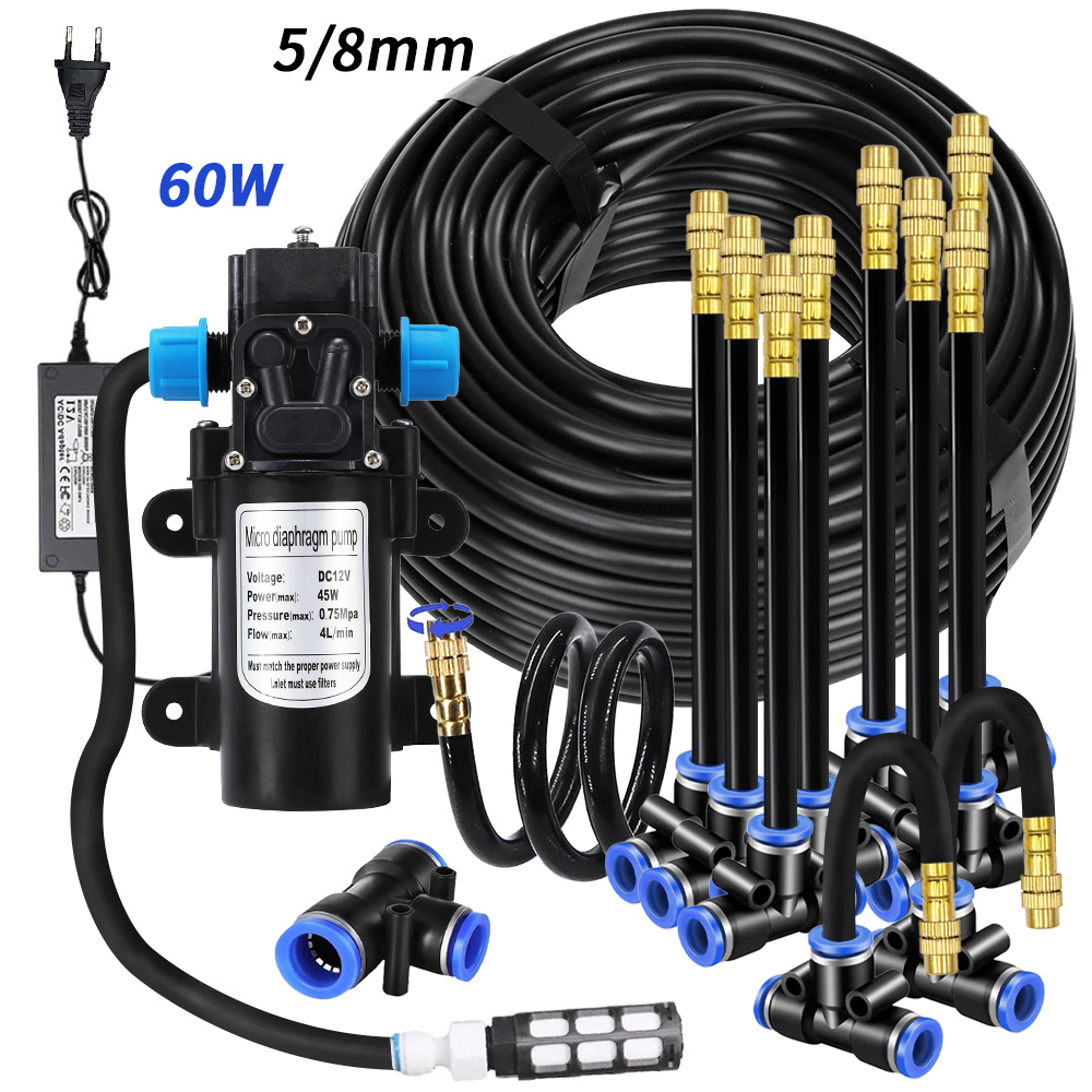 Smart Garden Irrigation System - ガーデン5/8mm PEホーススプレーヤーキット、60W自動吸水ポンプ付き、20cmユニバーサル真鍮ノズル、ガゼボ植物用ミスト散水システム
