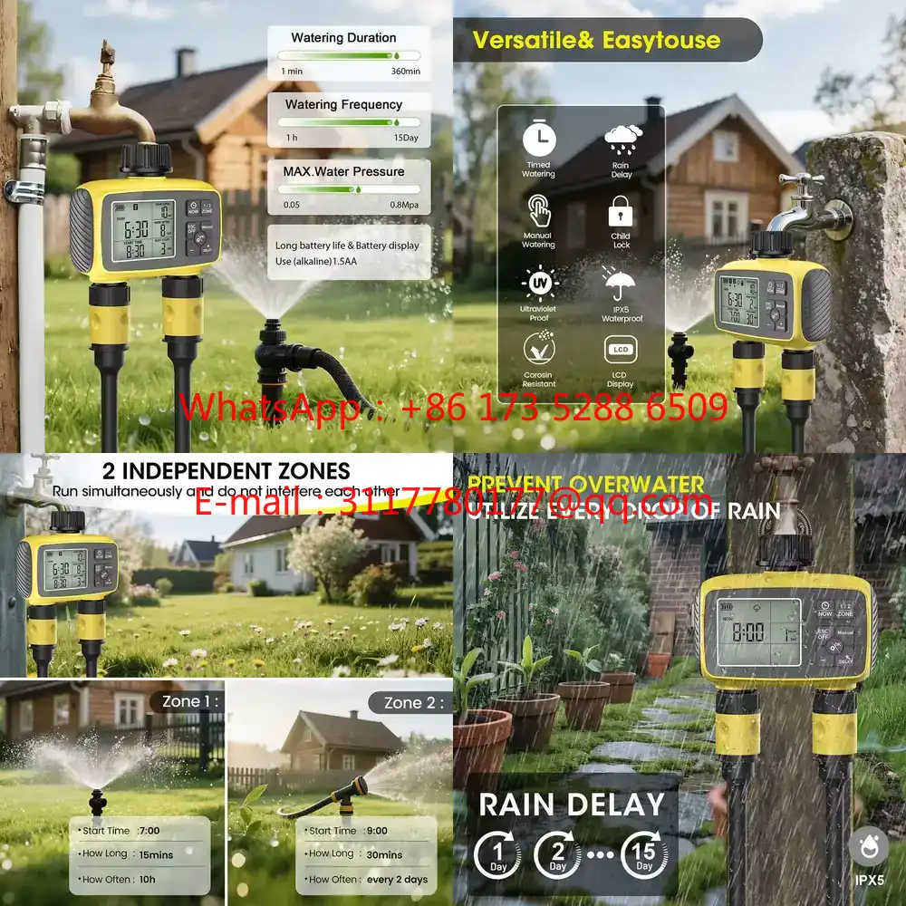 Smart Garden Irrigation System - WAP01 大型画面ディスプレイ ガーデン灌漑タイマー 2口2ゾーン スマート水タイマー制御システム IPX5