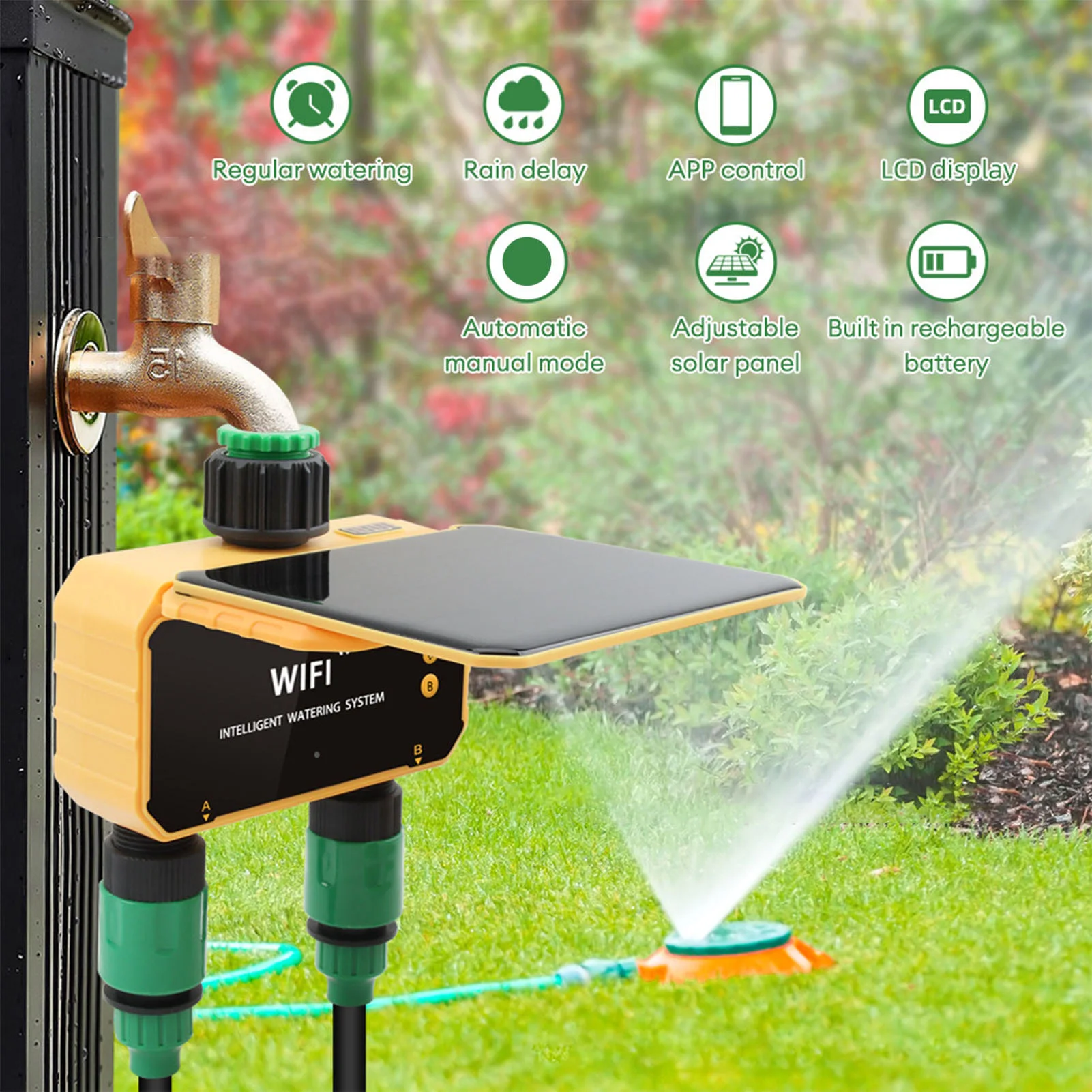 Smart Garden Is - ソーラーWiFiスマート灌漑タイマー雨感知機能APP制御2口自動散水タイマー庭用スプリンクラー
