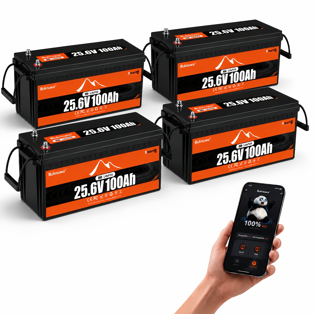 Smart Garden Arduino - Buknuwo 4パック 25.6V 100Ah LiFePO4 ディープサイクルリチウムバッテリー、Bluetoothモニター搭載、内蔵スマートBMS、長寿命、キャンプ、ヨット、家庭用オフグリッドソーラーシステム用充電式バッテリー